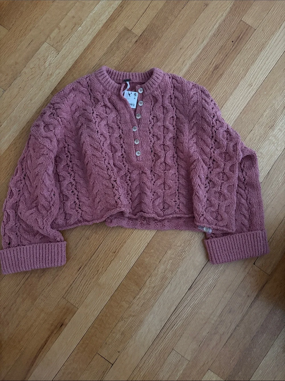 Free People Cropped Cable Knit Henley Sweater - Dusty Rose